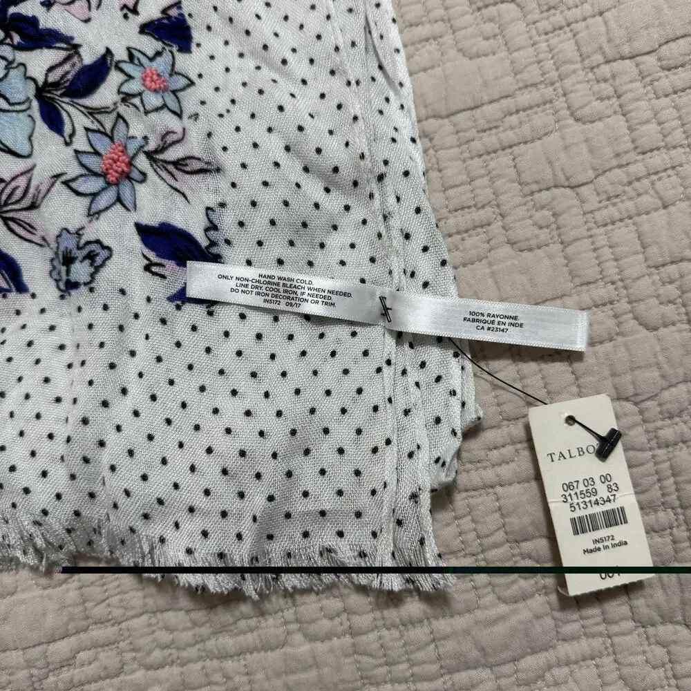Talbots Blue Floral Beaded Scarf with Polka Dot Border
